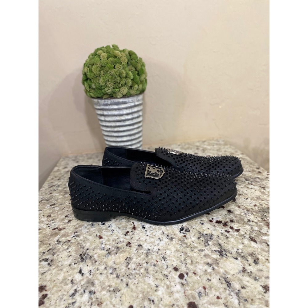 Stacy Adams Mens Black Studded Spiked Crest Shield Loafers Dress‎ Shoes